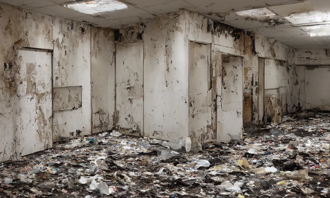 Prompt: backrooms abandoned mall, moldy walls and fiery garbage