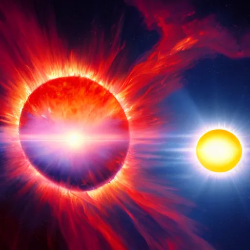 Image similar to a beautiful painting of a red giant sun going supernova, volumetric lighting by jean kalin popov and greg rutkowski