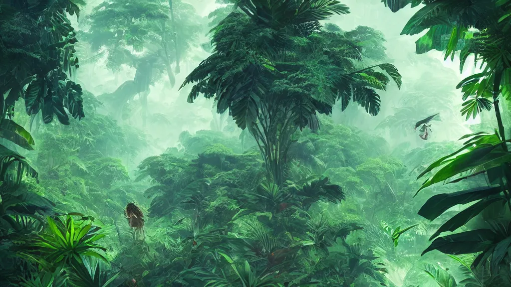 Image similar to giant green winged monster flying through a lush jungle, obscured by giant trees, by sylvain sarrailh, rossdraws, ambient light, ultra detailed, fantasy artwork, 8 k, volumetric lighting, trending on artstation, award winning, very beautiful.