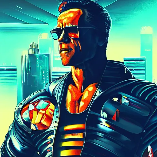 Image similar to cyberpunk arnold schwarzenegger as the leader of a futuristic communist society, cybernetics, sharp lines, digital, artstation, colored in