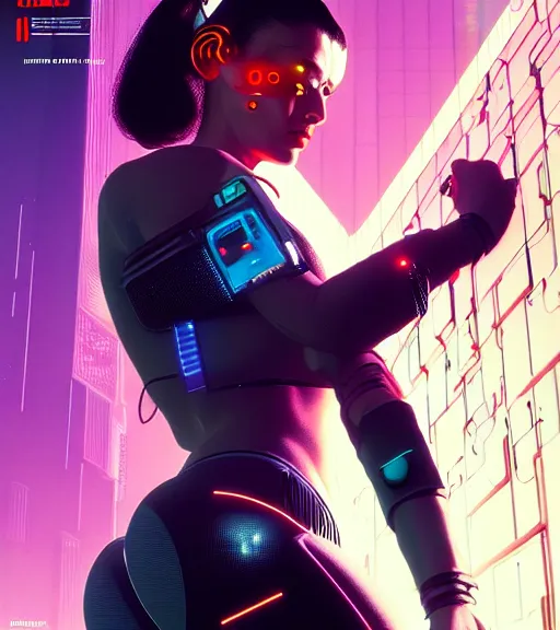 Image similar to cable inserted into head, jacked into cyberdeck wrist terminal, very very beautiful cyberpunk woman, computer, 1 9 7 9 omni magazine cover, style by vincent di fate, cyberpunk 2 0 7 7, very coherent, detailed, 4 k resolution, unreal engine, daz