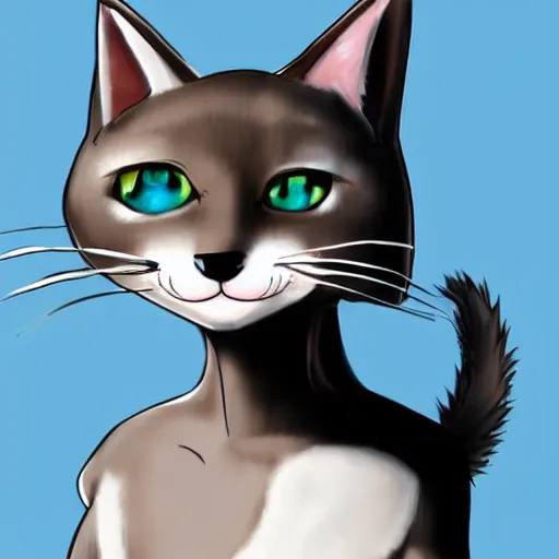 Image similar to anthropomorphic cat, cat furry, cat fursona, full body, furry art, white fur, digital painting.