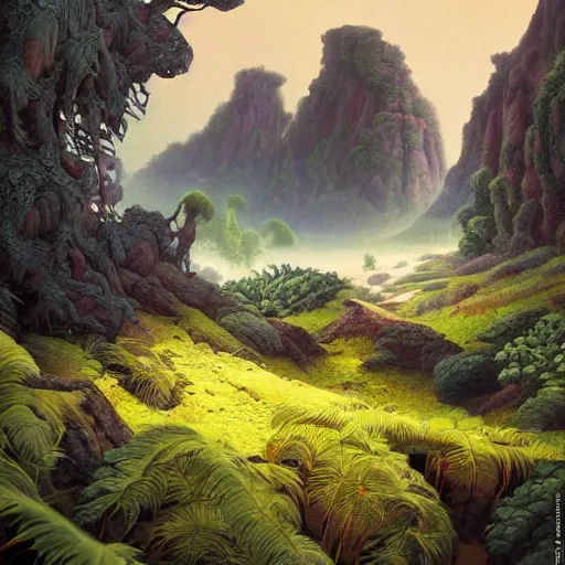 Image similar to digital painting of a lush natural scene on an alien planet by gerald brom. digital render. detailed. beautiful landscape. colourful weird vegetation. cliffs and water.