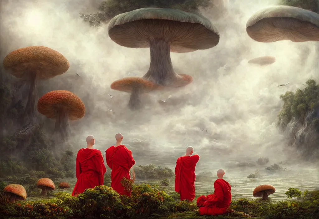 Prompt: floating lands in-clouds, foggy, volumetric fog, flying whales, sun beams, blooming, bird flocks!!, giant mushrooms, waterfalls, monks in red robes; by Tom Bagshaw, Ivan Shishkin, Hans Thoma, Asher Brown Durand