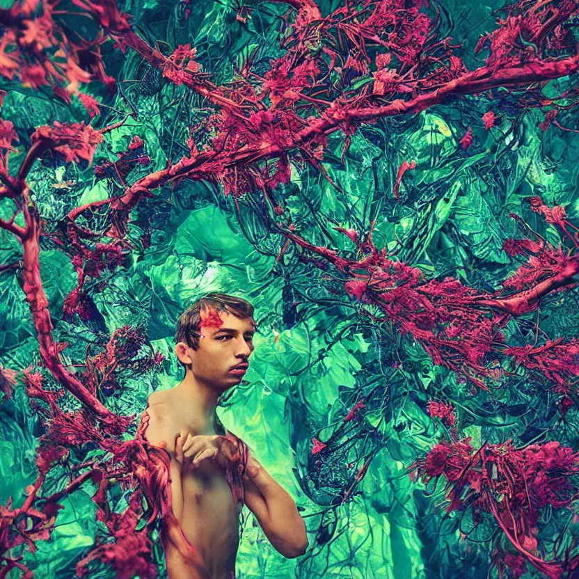 Prompt: flume and former cover art future bass, flower, plant droplets photography model full body untouched art contrast vibrant branches futuristic fabric only skin fungi material style of jonathan zawada, thisset colours simple background objective detail dmt peyote