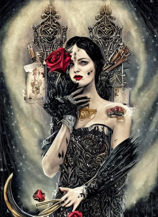 Image similar to tarot card :: horror :: vampires and draculas :: the great gatsby :: hearts and roses :: gold and silver :: guns and swords :: side profile :: highly details :: intricate details :: Sandra Chevrier and bastien lecouffe deharme