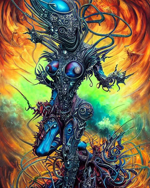 Prompt: silver mechanical charred bloody fleshmetal cyborg daemonhost woman psychedelic flamer of tzeentch, blue and green rainbow fire, by antonio j. manzanedo, alex grey, android jones, wayne barlowe, philippe druillet, raymond swanland, cyril rolando, josephine wall, harumi hironaka, cronenburg, trending on artstation