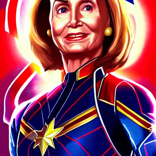 Image similar to Nancy Pelosi as Captain Marvel, digital art, cgsociety, artstation, trending, masterpiece