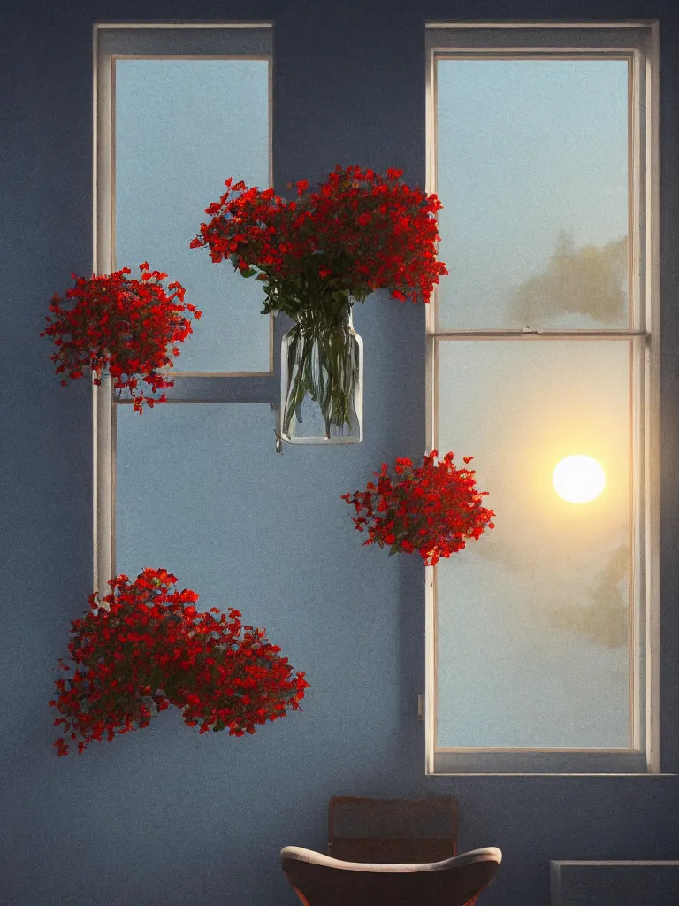 Image similar to a single old house window with a vase of red flowers with view to a sunrise, blue wall, a wooden chair near the window, concept art, octane render, unreal engine 5, trending on deviantart, highly detailed, high quality, hd, digital painting, masterpiece, geometric, symmetrical, low contrast, beautiful, high coherence, natural lighting, intense lighting