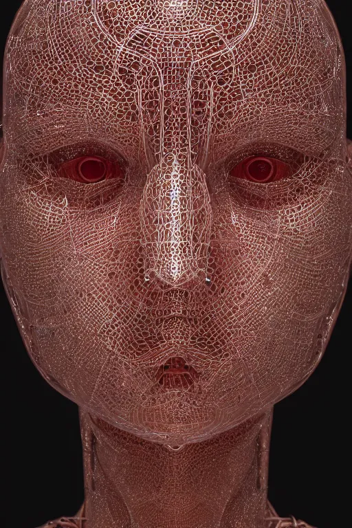 Image similar to Cinestill of a melancholic realistic 8k Sculpture of a complex robotic human face, liquid simulation, dramatic lighting, silver gold red details, hexagonal mesh wire, filigree intricate details, cinematic, fleshy musculature, white blossoms, elegant, octane render, 8k post-processing, by Yoshitaka Amano, Daytoner, Greg Tocchini