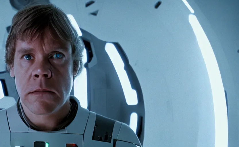 Prompt: cinematic still image screenshot portrait of cybernetic luke skywalker stares down at his cybernetic hand, while he is talking to a lonely medical droid, from the tv show on disney + anamorphic lens, photo 3 5 mm film kodak from empire strikes back crisp 4 k imax, lit from below, underlight, moody iconic scene, a window frame into space behind them