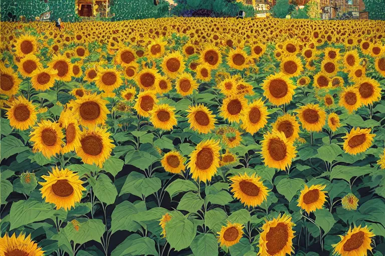 Prompt: lots of sunflowers in a garden, golden hour, artstation, by victo ngai