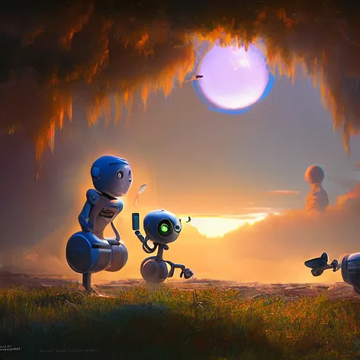 Prompt: cottagecore illustration of children playing with a smiling roboton a peaceful morning, pixar and disney animation, sharp, rendered in unreal engine 5, art by greg rutkowski, bloom, dramatic lighting, sunrise