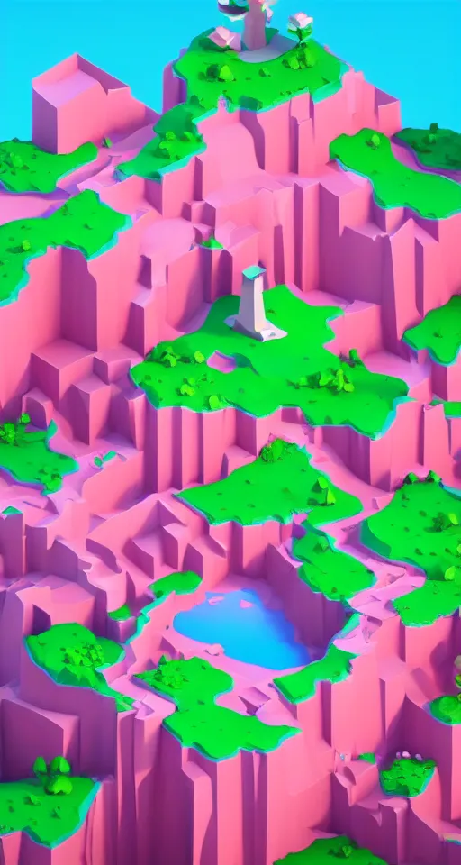 Image similar to matte 3d low poly cherry blossom island, pink waterfalls, isometric perspective on sky background, soft shadows, lat lighting, trending on artstation, 3d render, monument valley, fez video game,