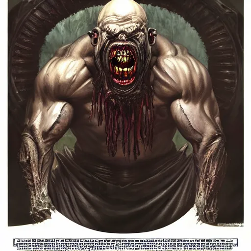 Image similar to Dark fantasy Painting of a hulking muscular demonic with drool dripping from its mouth, hr giger muscles, disgusting, creepy, unsettling, horror, upper body, intricate, wild, highly detailed, digital painting, artstation, concept art, smooth, sharp focus, illustration, art by artgerm and greg rutkowski and alphonse mucha