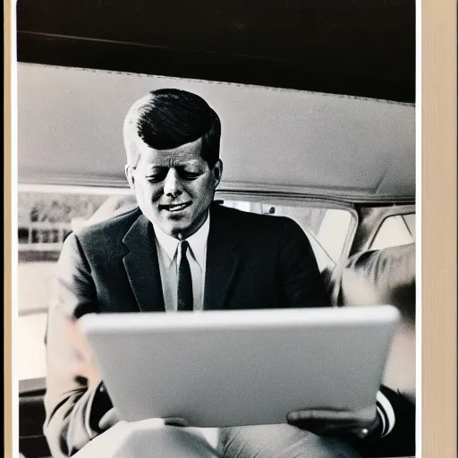 Prompt: 1 9 7 0 s vintage photograph of john f kennedy using an ipad, very detailed, very intricate, photorealistic,