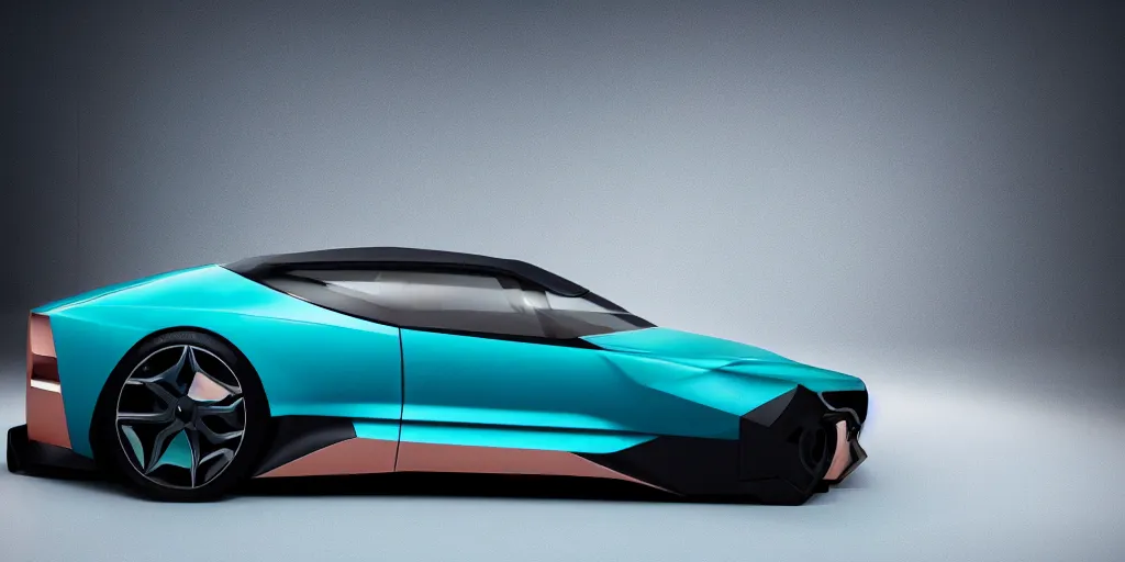 Image similar to a design of a futuristic car, designed by Polestar and DMC, vaporwave sunrise background, brushed teal copper car paint, black windows, dark show room, dramatic lighting, hyper realistic render, depth of field