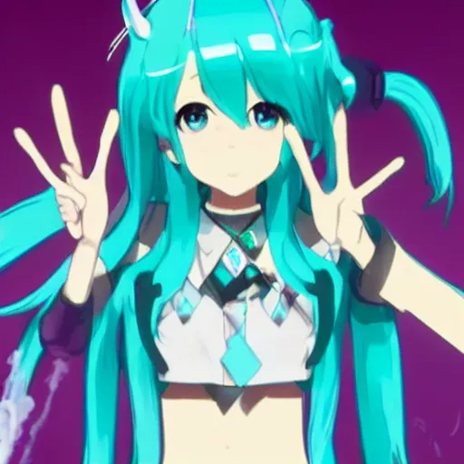 Image similar to hatsune miku smoking a vape pen in her right hand and holding up a peace sign in her left hand | smoke coming out of her mouth,