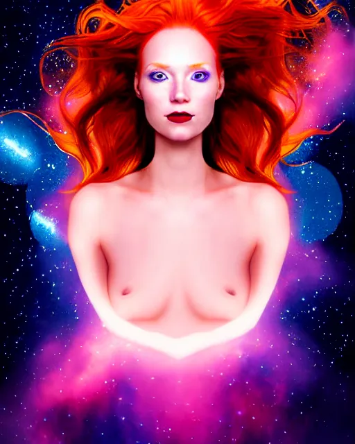 Image similar to space astral portrait of a beautiful girl, red hair, ginger hair, fantasy, glowing skin, smooth face, perfect eyes, half body shot, tarot card