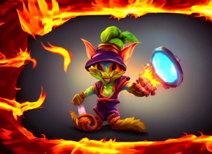 Prompt: champion splashart of yordle made out of fire