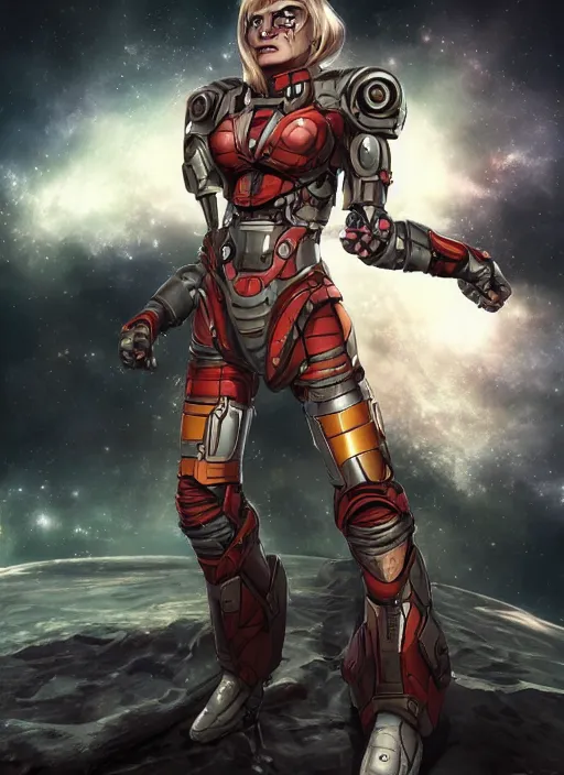 Image similar to hyper realistic space paladin techno crusader girl, metabaron, full body, rule of thirds, human proportion, good anatomy, beautiful face, saturated colors, juan gimenez, redshift, octane