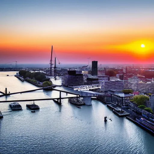 Prompt: award winning photograph of sunrise over rotterdam