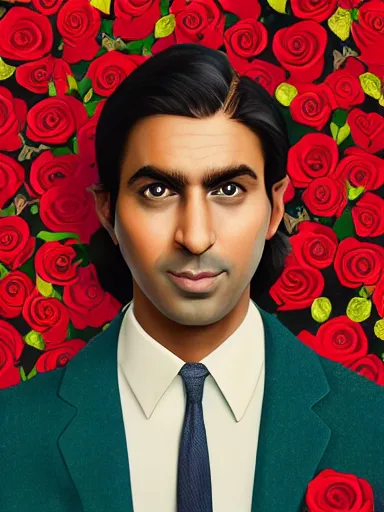 Prompt: artwork by Wes Anderson, Wes Anderson and Wes Anderson, of a solo individual portrait of an Indian guy with roses roses lily, dapper, simple illustration, domestic, nostalgic, full of details, by Wes Anderson and Wes Anderson, wes anderson, wes anderson, wes anderson, wes anderson, wes anderson, Matte painting, trending on artstation and unreal engine