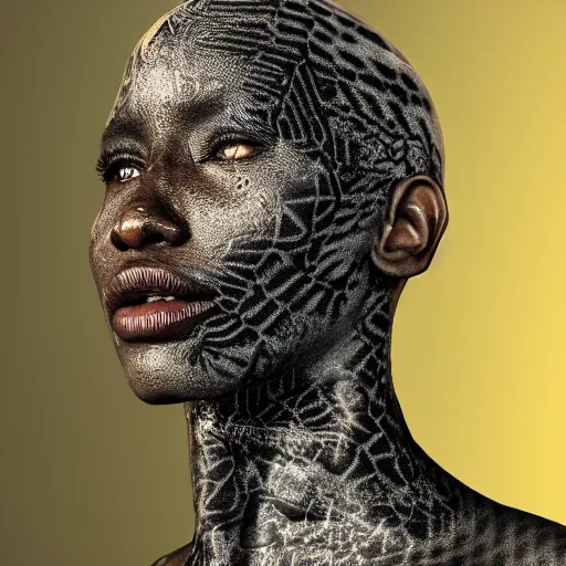 Prompt: : black human with ancient pattern skin all over hyper detailed art station  dalle2 unity contest winners unrealengine trending on artstation,cinematic, hyper realism, high detail, octane render, 8k