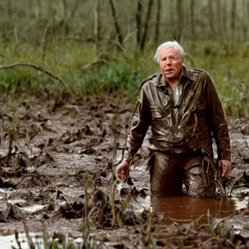 Image similar to film still of sir david attenborough as major dutch, covered in mud and hiding from the predator predator predator in swamp scene in 1 9 8 7 movie predator, hd, 4 k