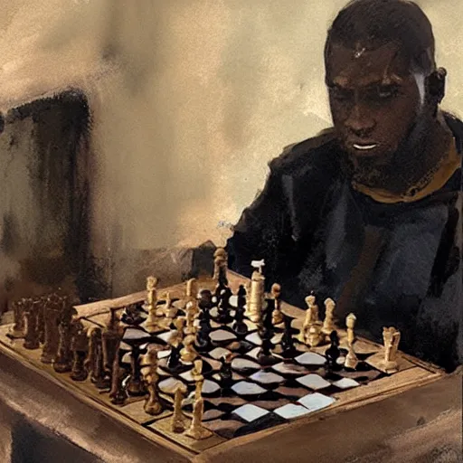 Image similar to portrait of black man wearing medieval clothes playing chess, detailed by greg manchess, craig mullins, bernie fuchs, walter everett