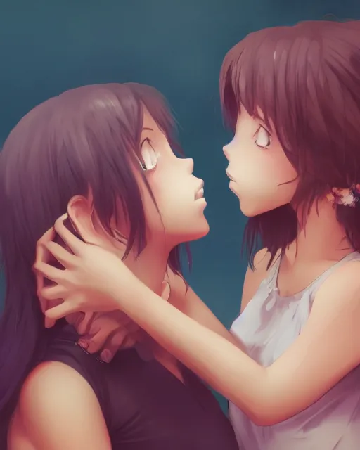 Image similar to portrait of two girls kissing, anime, trending on Artstation