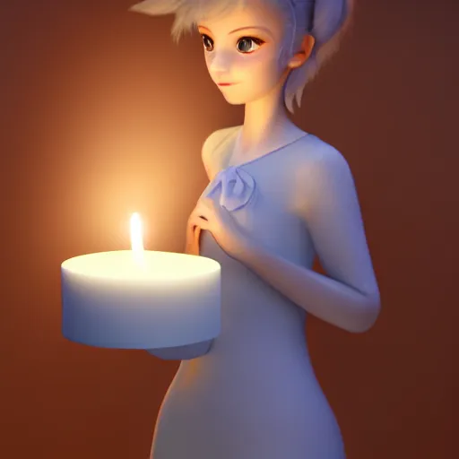 Image similar to A cute girl holding a glowing candle, fragile, soft, vray, Cimema 4D, 3d character, game character