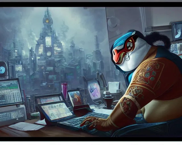 Image similar to an insanely detailed painting of a slightly chubby, nerdy asian man wearing a superhero costume and mask, sitting at a desk, staring at the nervously at the computer and typing, in the style of peter mohrbacher, dramatic lighting and composition, octane render, trending on artstation, concept art, comic book, view from behind