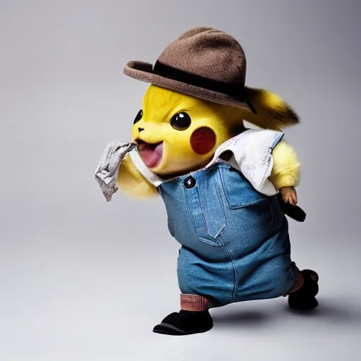 Image similar to sneezing cute detective sneezing pikachu wiping face with rag at a photoshoot studio lighting by annie leibovitz