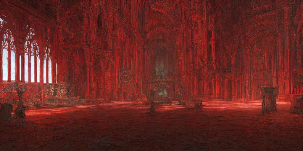 Image similar to a hyper intricate oil portrait red church interior, excellent composition, wide shot, by zdzislaw beksinski, intricate, horror atmosphere, unreal engine 5 highly rendered, global illumination