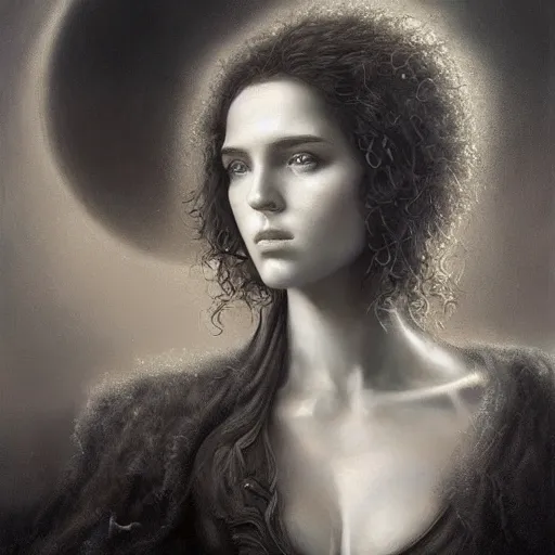 Prompt: By Tom Bagshaw and Boris Vallejo, ultra realist soft painting of castle court by night, centered fading Hermione Granger fully dressed, horror, omnious sky, symmetry accurate features, very intricate details, black and white, volumetric light clouds, 8K