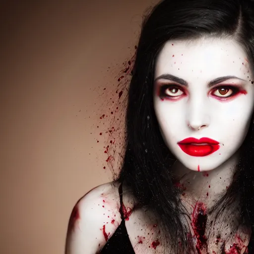 Image similar to professional headshot of an elegant female vampire with droplets of blood splattered across her face. high resolution, professional lighting, nikon camera, 8 k