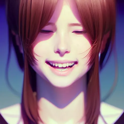 Image similar to youth kim beckinsale laughing softly, occlusion shadow, specular reflection, rim light, unreal engine, range murata, artstation, pinterest, art by hiroaki samura and ilya kuvshinov and rossdraws, intricate, highly detailed 8 k, art deco illustration, realistic, extremely beautiful shape of face, neck, shoulders eyes