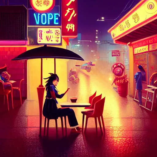 Image similar to splash art of anthropomorphic female vulpes vulpes fulva woman sitting at a noodle stand eating noodles in the crowded street of a cyberpunk city, rain, harsh neon lights, atmospheric : by weta, greg rutkowski, wlop, ilya kuvshinov, rossdraws, artgerm, octane render, liosh, mucha