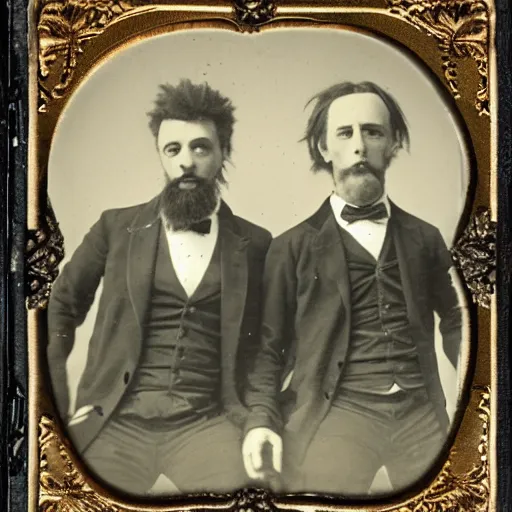 Image similar to tintype photo of rick and morty. 1 8 8 0 s