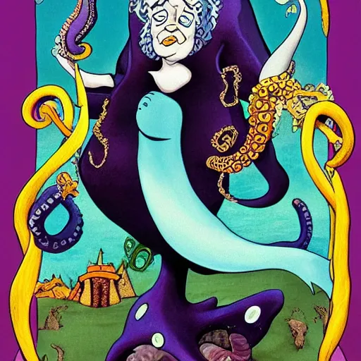 Prompt: ( boris johnson ) as ursula the sea witch, 1 9 8 9 disney, cartoon, octopus, dark purple