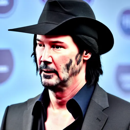 Image similar to keanu reeves dressed as kujo jotaro, highly detailed, high quality, hd, 4 k, 8 k, canon 3 0 0 mm, professional photographer, 4 0 mp, lifelike, top - rated, award winning, realistic, sharp, no blur, edited, corrected, trending