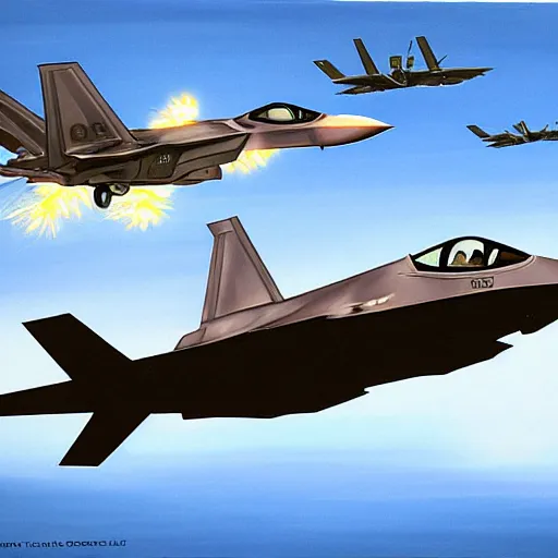 Image similar to f - 3 5 and ufo dogfight, painting