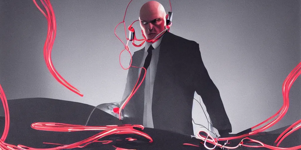 Image similar to agent 4 7 from hitman wearing headphones with wires everywhere listening to music, dark background, red rim light, smooth, sharp focus, art by irina french