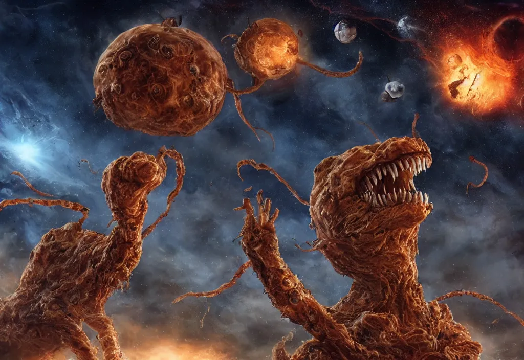 Image similar to eldritch horror bloody garfield in space, hd, 8 k, giant, epic, realistic photo, unreal engine, stars, prophecy, powerful, cinematic lighting, destroyed planet, debris, violent, sinister, ray tracing, dynamic, epic composition, dark, horrific, teeth, grotesque, monochrome drawing, hellscape, death, corpses, foreboding