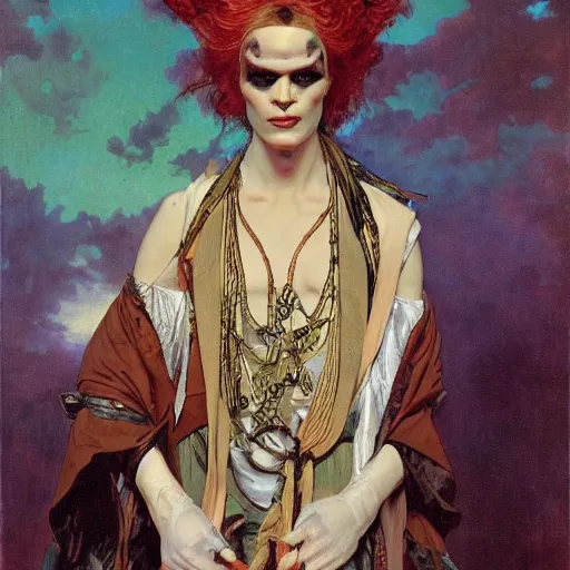 Image similar to closeup painting of uncannily beautiful androgynous albino wearing rococo byzantine clothes and face paint, science fiction by j. c. leyendecker, bosch, alphonse mucha, greg rutkowski, and beksinski