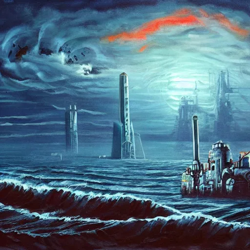 Image similar to a ship off the shore of a beautiful coast with a distant ominous biopunk tower filled with evil technology glowing in the distance, painting by John Berkley