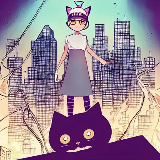 Image similar to determined 7 year - old girl with cat ears pouncing from the rooftop, futuristic skyline behind her, wide shot, highly coherent, saga comic, graphic novel, fiona staples