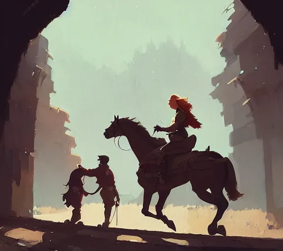 Image similar to a brunette man and a ginger woman riding on horseback on a track, medieval times by atey ghailan, by greg rutkowski, by greg tocchini, by james gilleard, by joe fenton, by kaethe butcher, dynamic lighting, gradient light blue, brown, blonde cream and white color scheme, grunge aesthetic