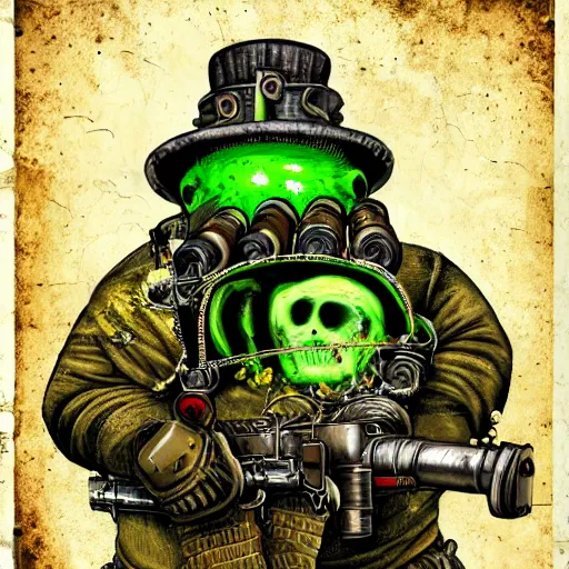 Image similar to highly detailed steampunk portrait of a morbid obese undead heavy soldier with heavy machine guns, rusty, green radioactive glow, toxic waste, wastelands